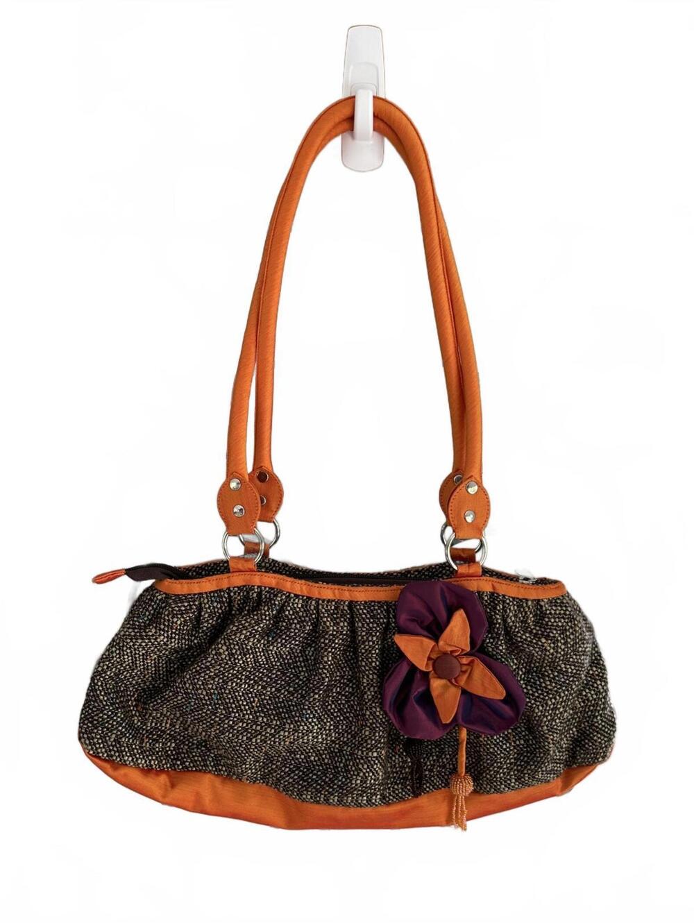 Concubine Hand Made Brown Tweed & Orange Satin Shoulder Bag